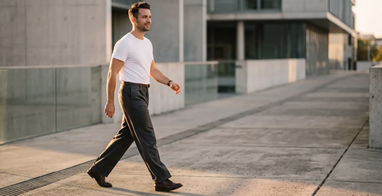 Contemporary man confidently wearing wide-leg trousers in an urban setting