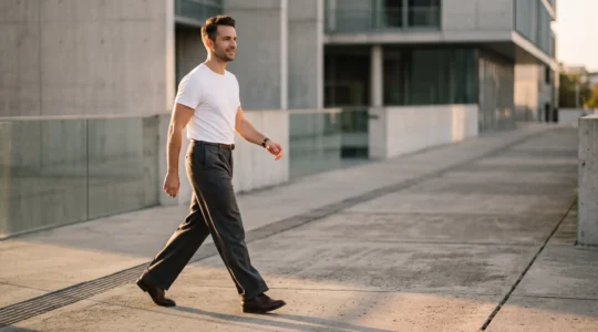 Contemporary man confidently wearing wide-leg trousers in an urban setting