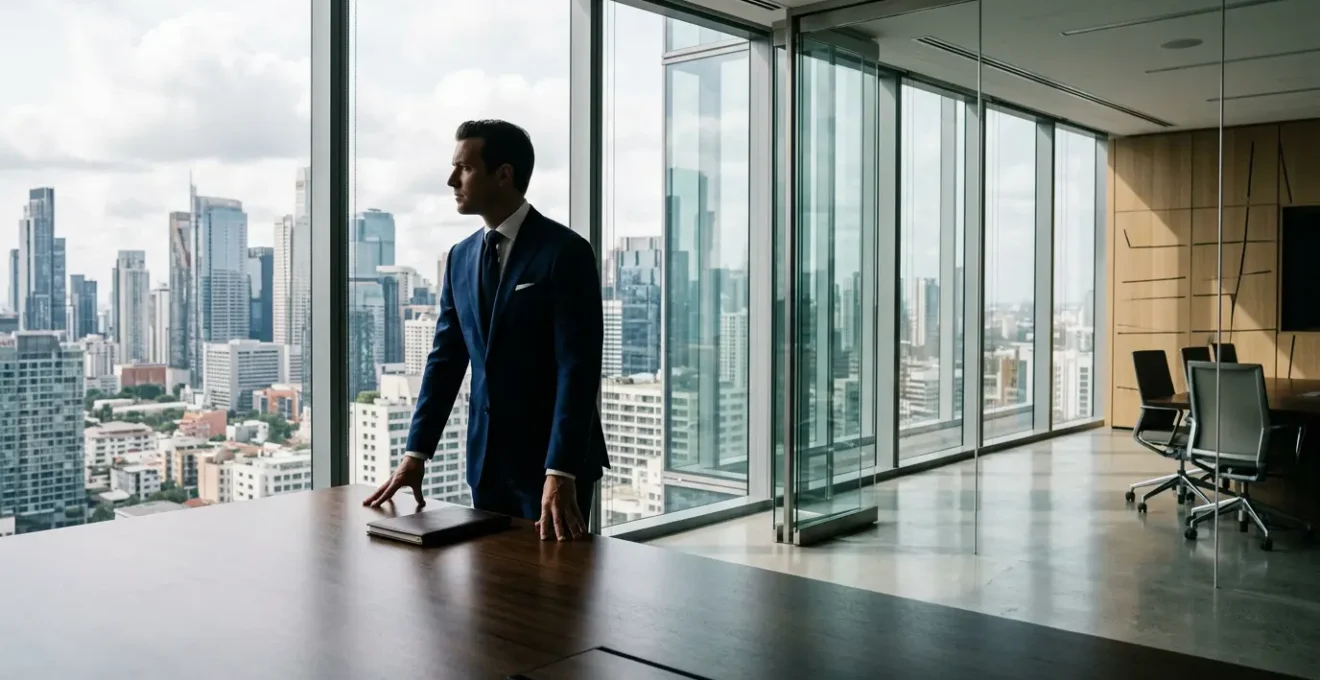 Professional in tailored suit standing confidently in modern boardroom setting