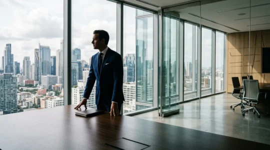Professional in tailored suit standing confidently in modern boardroom setting