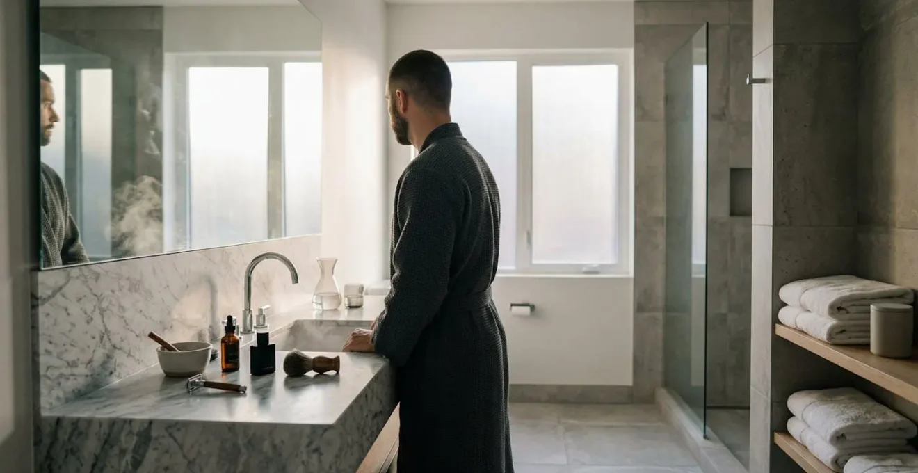 Professional man in sophisticated bathroom preparing for workday with grooming essentials