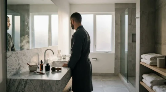 Professional man in sophisticated bathroom preparing for workday with grooming essentials