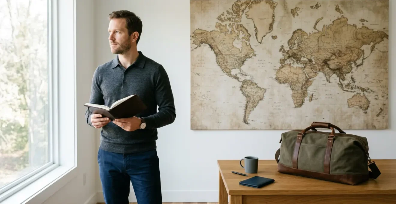 Well-dressed man thoughtfully planning world travel route with vintage map and professional luggage