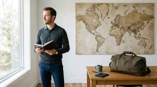 Well-dressed man thoughtfully planning world travel route with vintage map and professional luggage