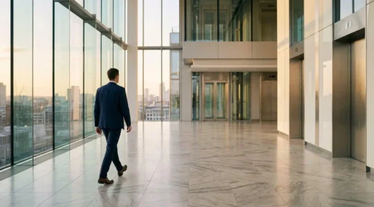 Professional networking scene capturing subtle brand building without boastfulness