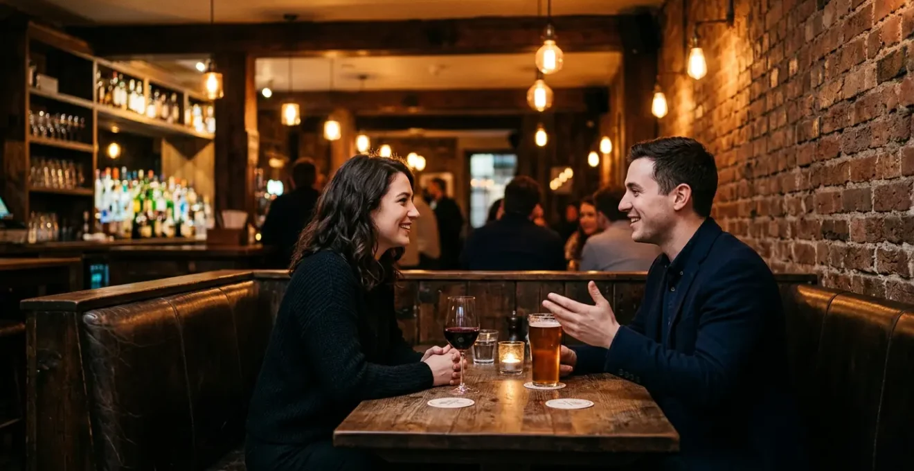Couple enjoying drinks in cozy candlelit pub corner with warm ambient lighting