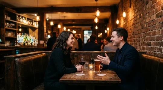 Couple enjoying drinks in cozy candlelit pub corner with warm ambient lighting