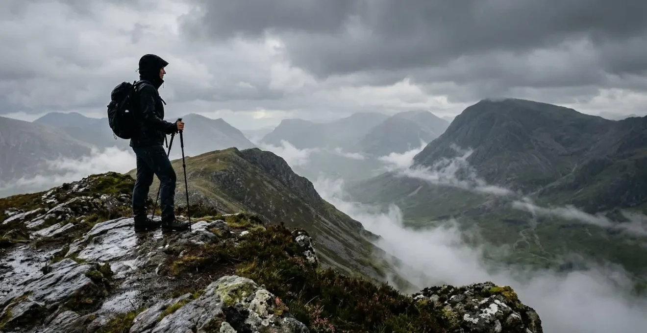 Hiker testing waterproof gear in Scottish Highlands during heavy rain