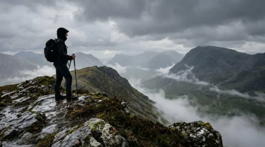 Hiker testing waterproof gear in Scottish Highlands during heavy rain