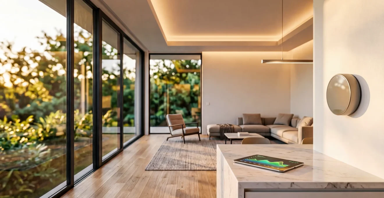 Modern minimalist living room with smart thermostat, LED bulbs, and energy monitoring display showing savings data