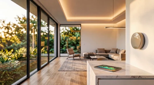 Modern minimalist living room with smart thermostat, LED bulbs, and energy monitoring display showing savings data