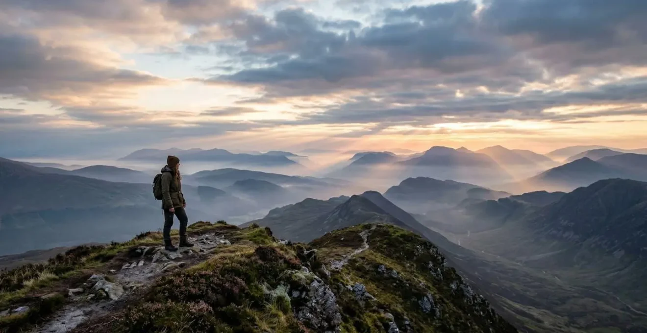 Solo traveler contemplating misty Scottish Highlands at dawn