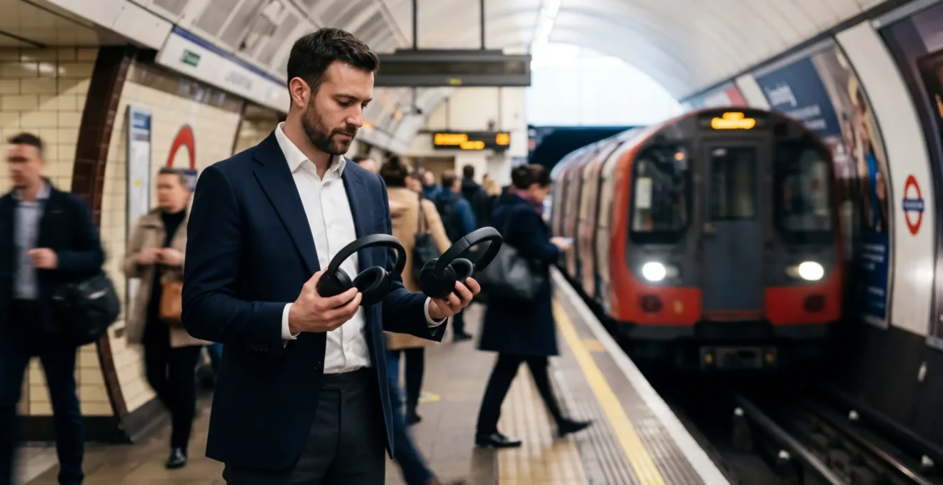 Professional comparing Sony and Bose headphones on London Underground platform