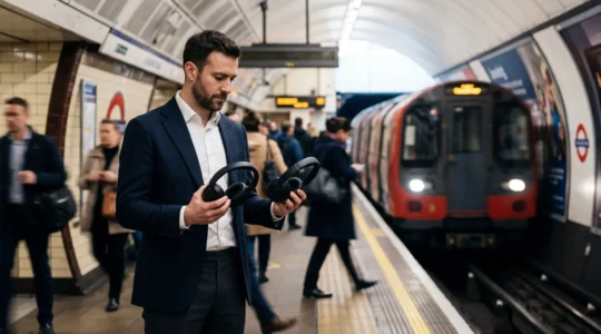 Professional comparing Sony and Bose headphones on London Underground platform