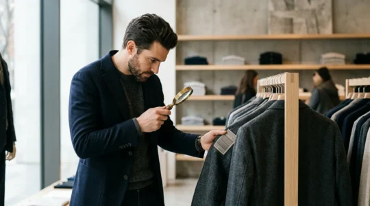 Man examining clothing label with magnifying glass in sustainable fashion retail environment