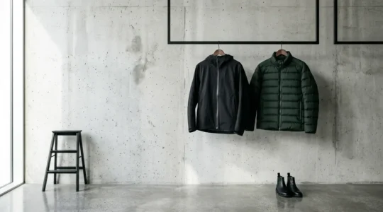 Luxury outerwear investment pieces displayed in premium retail environment