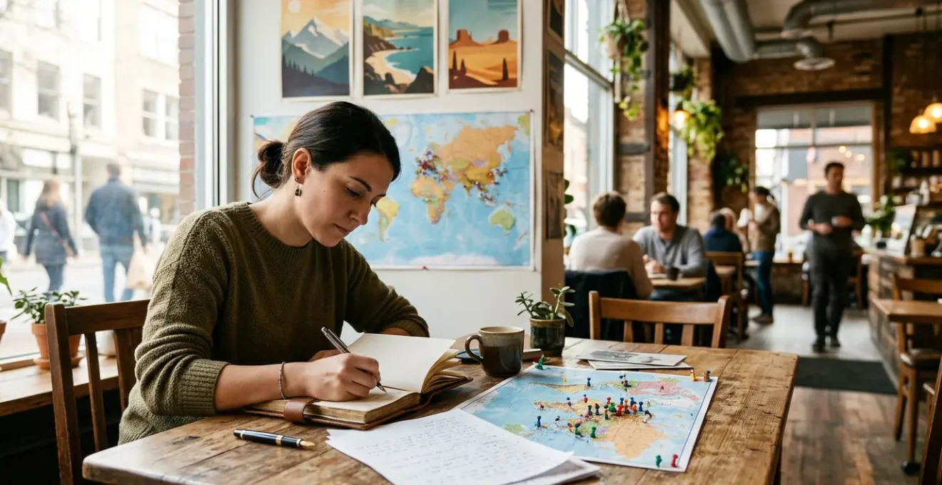 A traveler studying language notes while sitting in a bustling international cafe with diverse cultural elements