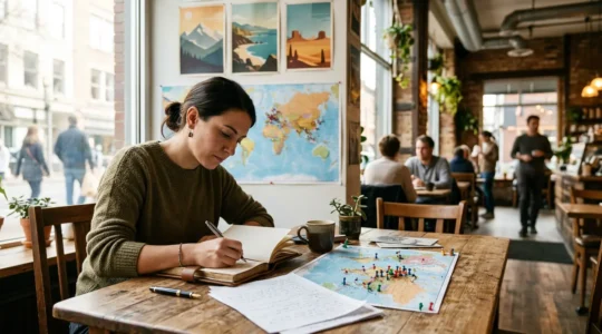 A traveler studying language notes while sitting in a bustling international cafe with diverse cultural elements