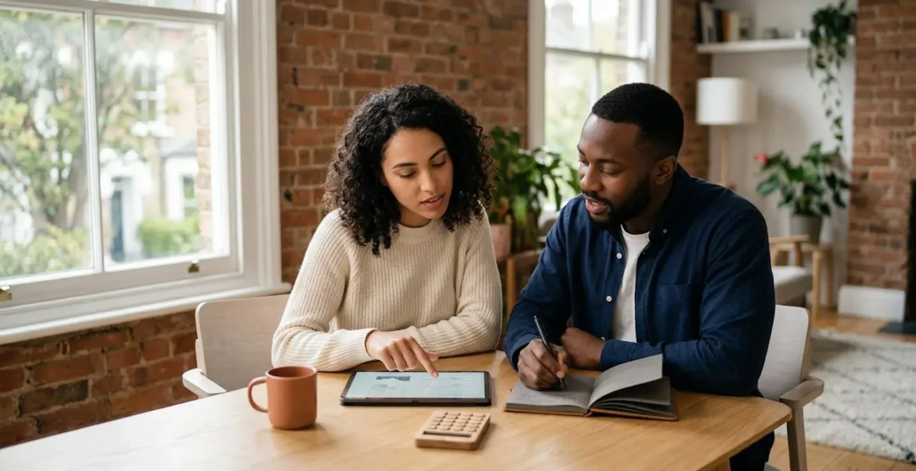 Couple reviewing financial documents together in modern UK home setting