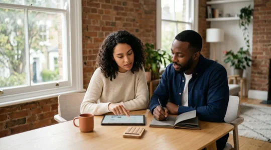 Couple reviewing financial documents together in modern UK home setting