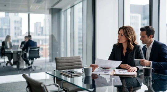 Professional couple reviewing financial documents together in modern office setting