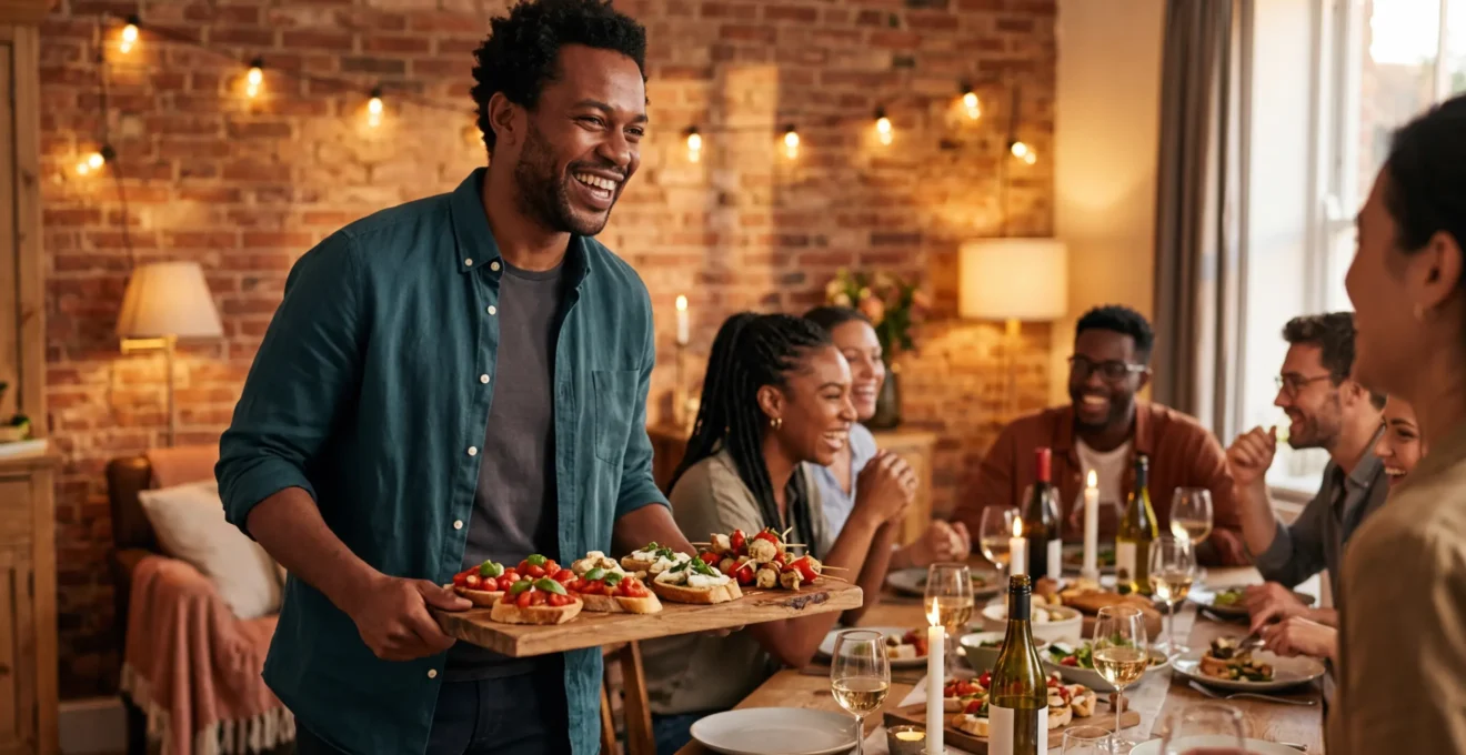Stylish host welcoming friends at a relaxed dinner party with warm lighting