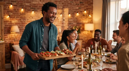 Stylish host welcoming friends at a relaxed dinner party with warm lighting