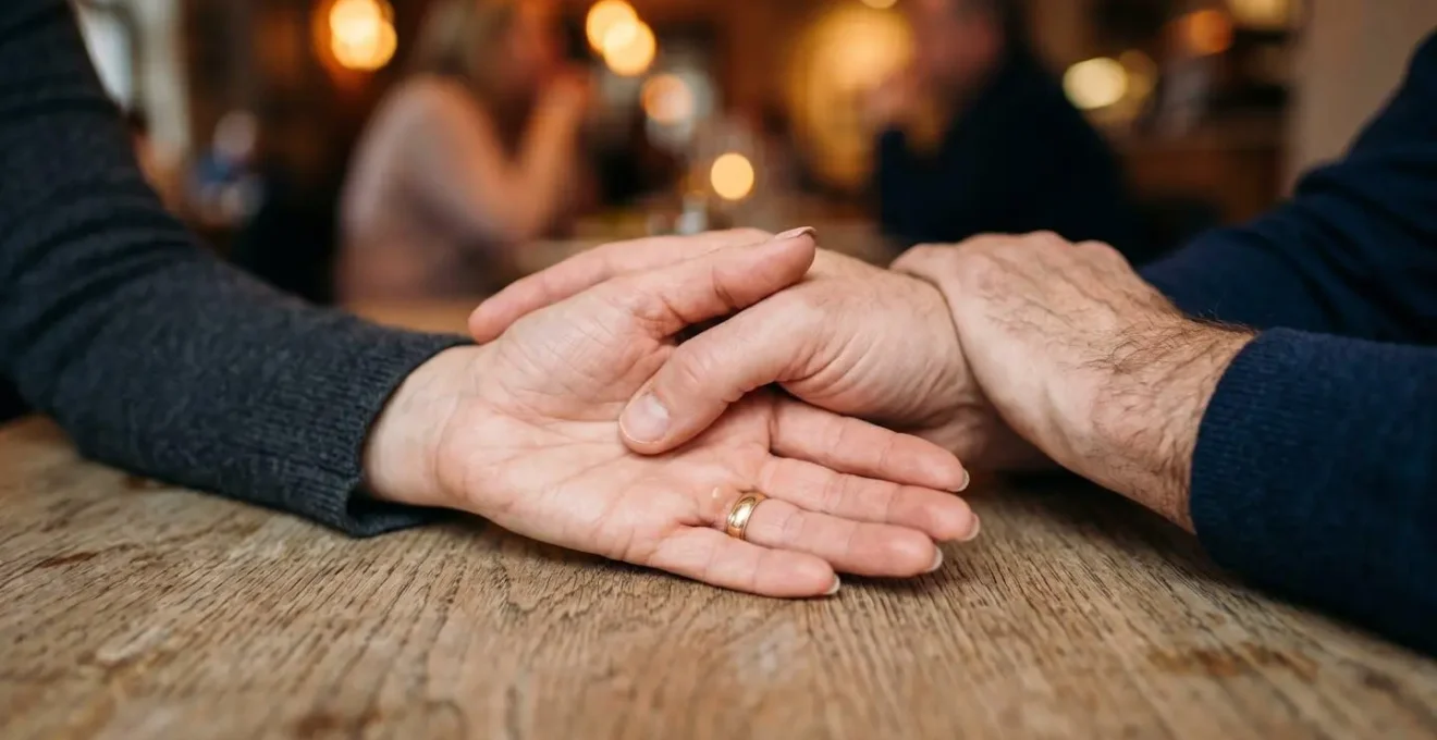 Man leaning forward attentively while a woman shares an emotional story, their hands intertwined on a table.