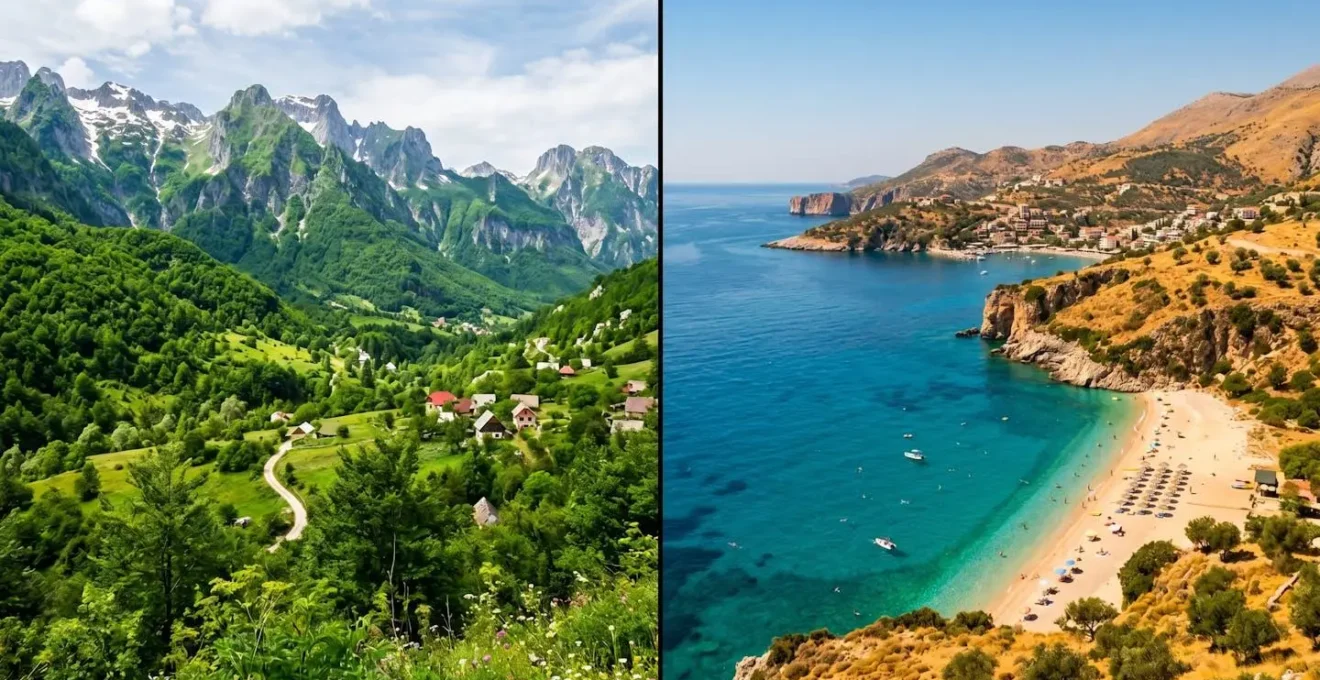 Split-screen composition showing Albania's green May mountains versus golden September coastline