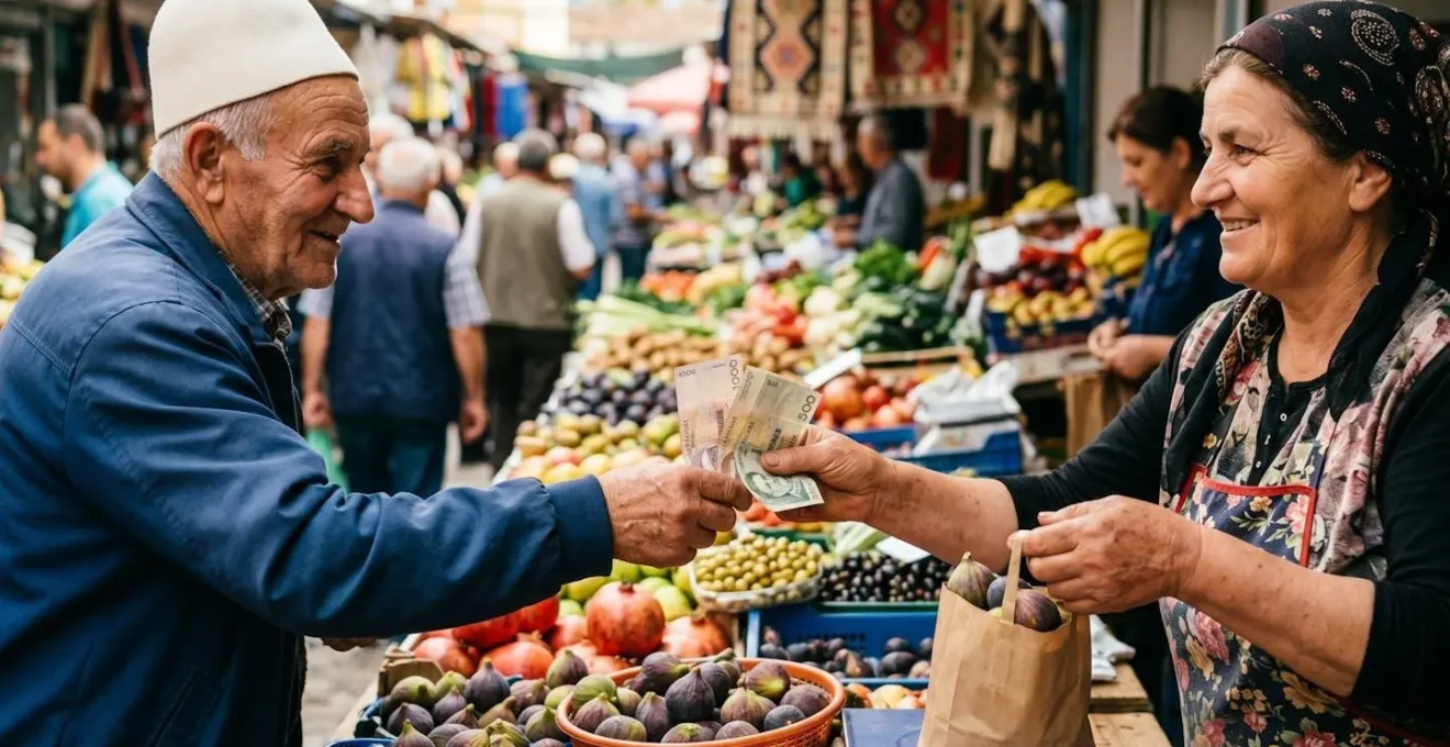Close-up of hands exchanging money at Albanian market with warm interaction