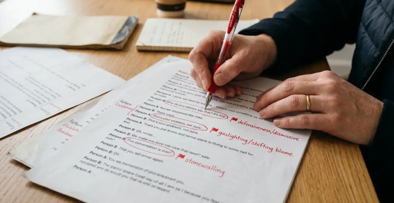 Close-up of hands analyzing conversation patterns on paper with red flags marked