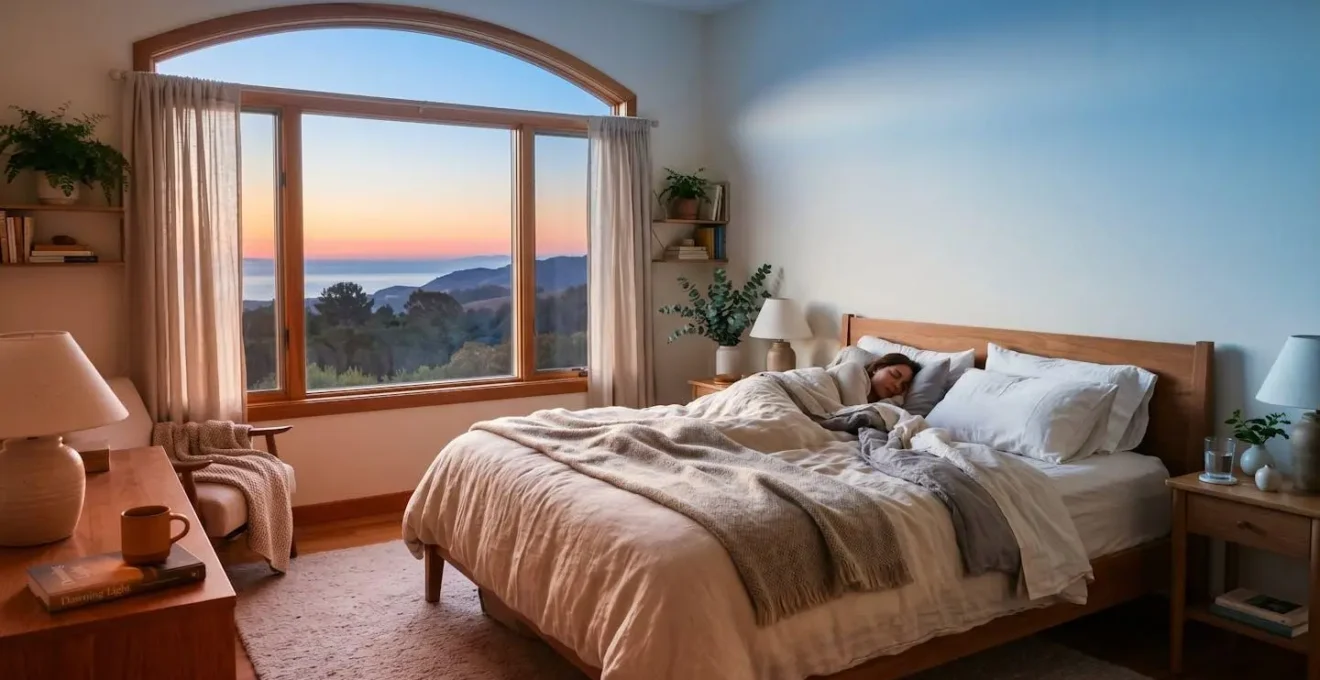 Peaceful bedroom with gradient lighting from warm red to cool blue creating natural sunrise effect
