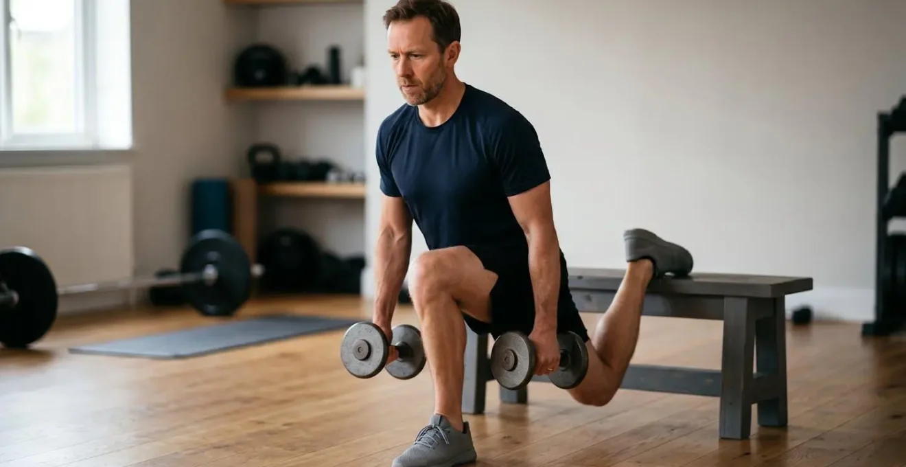 Man performing Bulgarian split squat with proper form in home setting