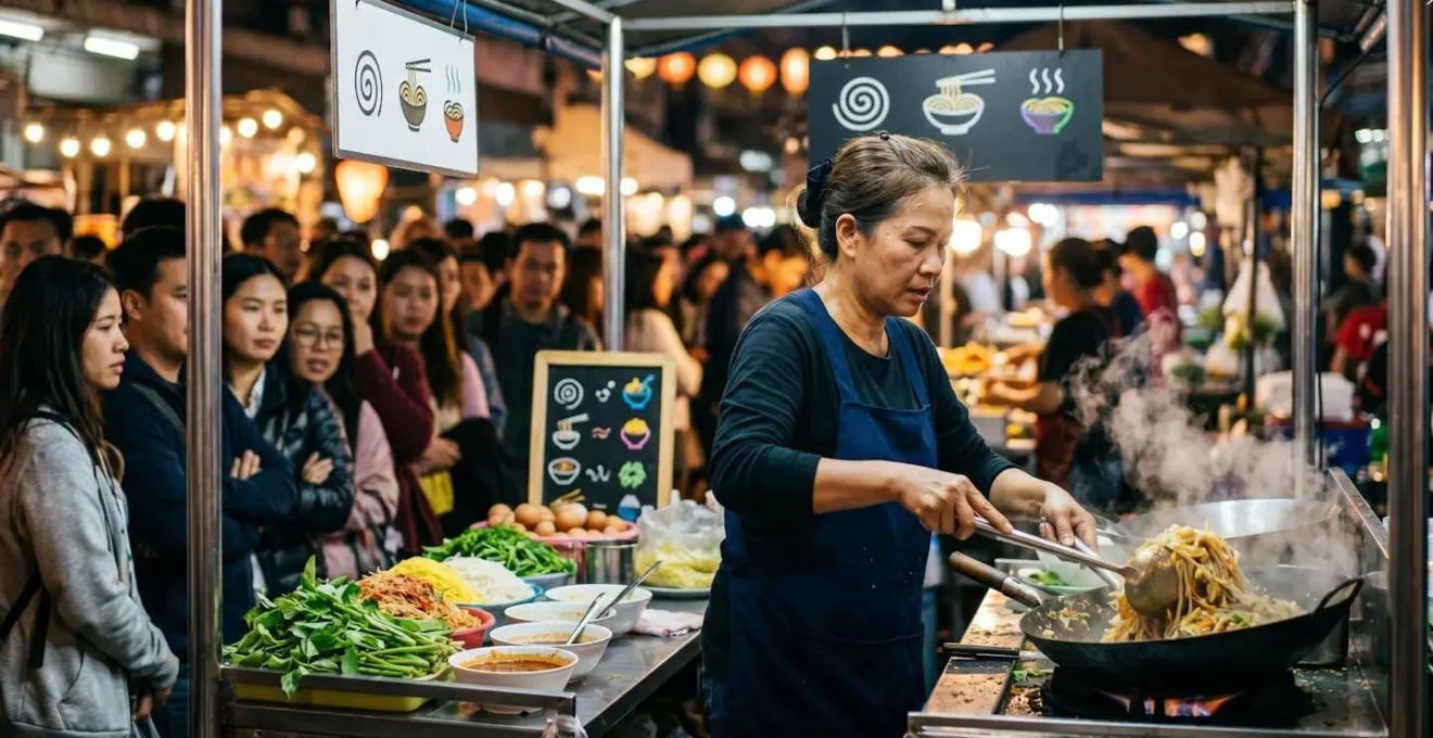 Vibrant street food scene with busy vendor and fresh ingredients showing high customer turnover