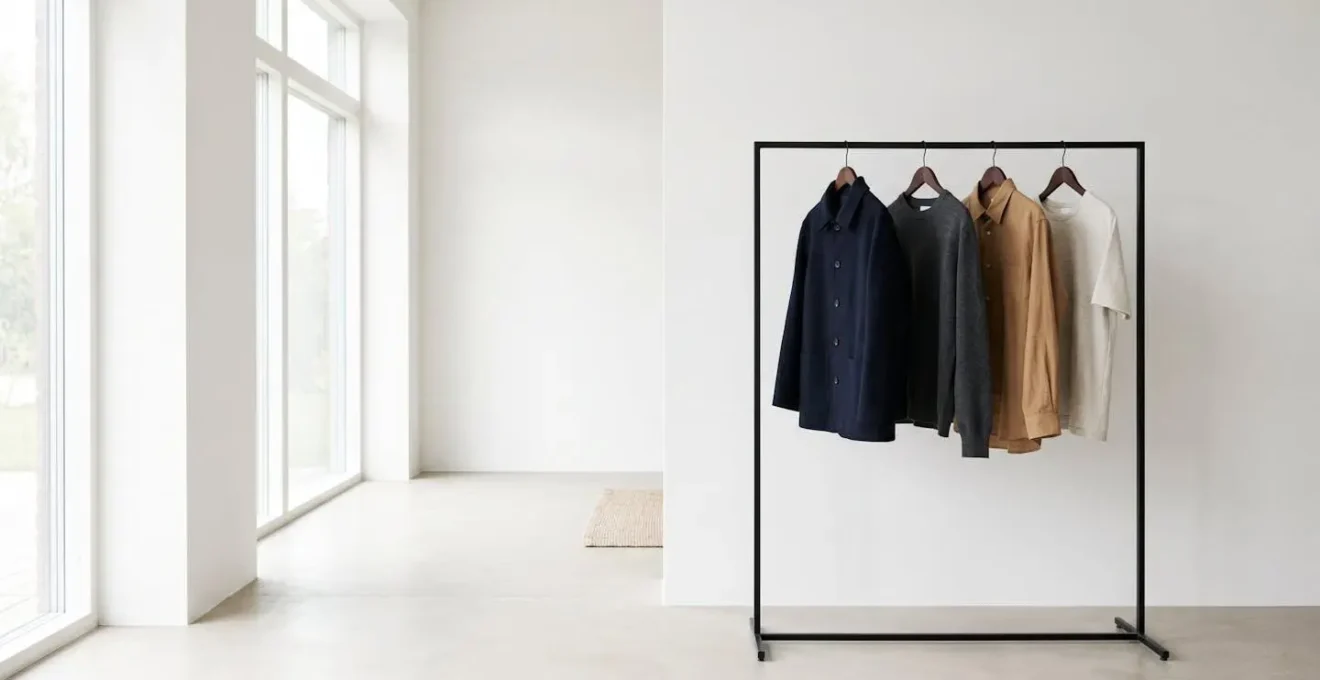 Wide shot of empty clothing rack in minimalist space suggesting circular fashion concept