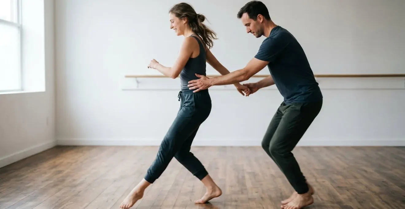 Couple practicing dance moves in studio with soft lighting