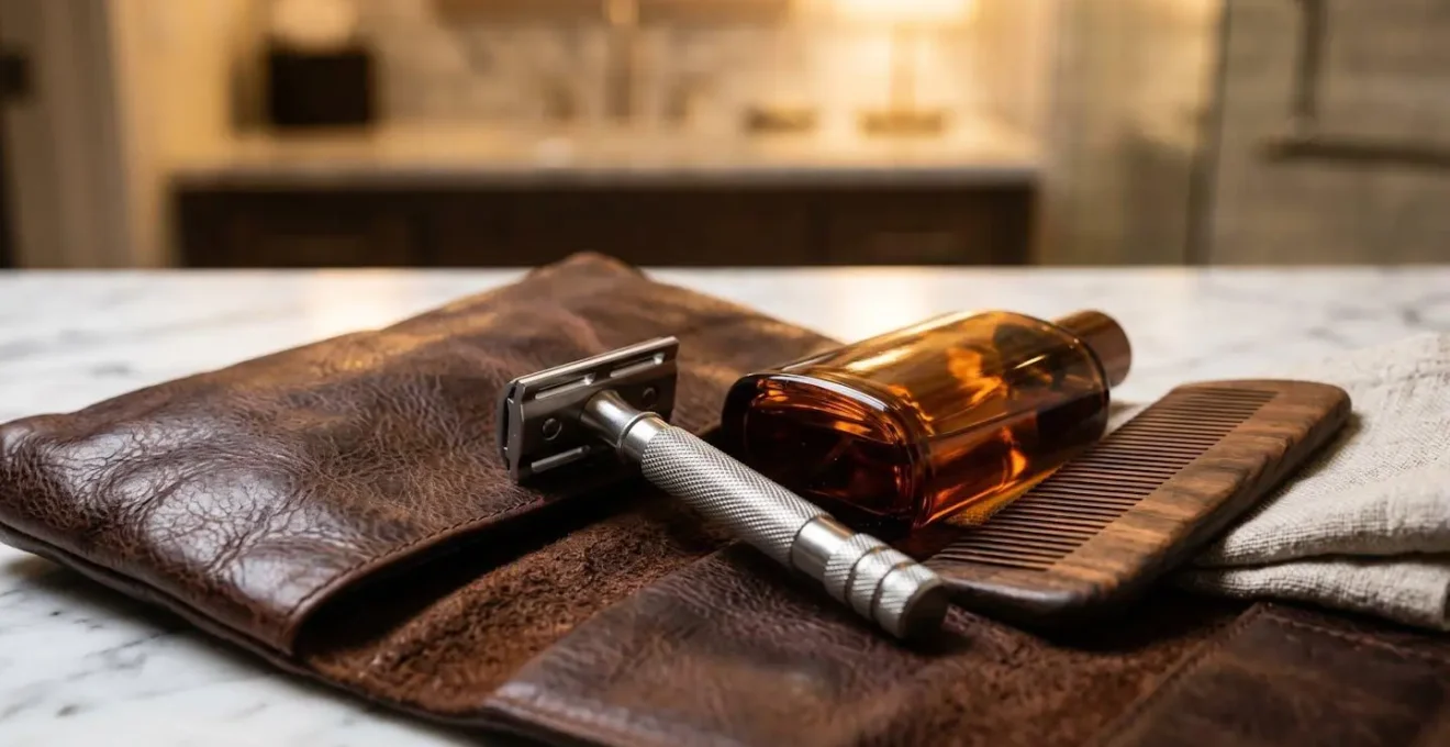 Stylish travel preparation scene with grooming essentials and weekend bags
