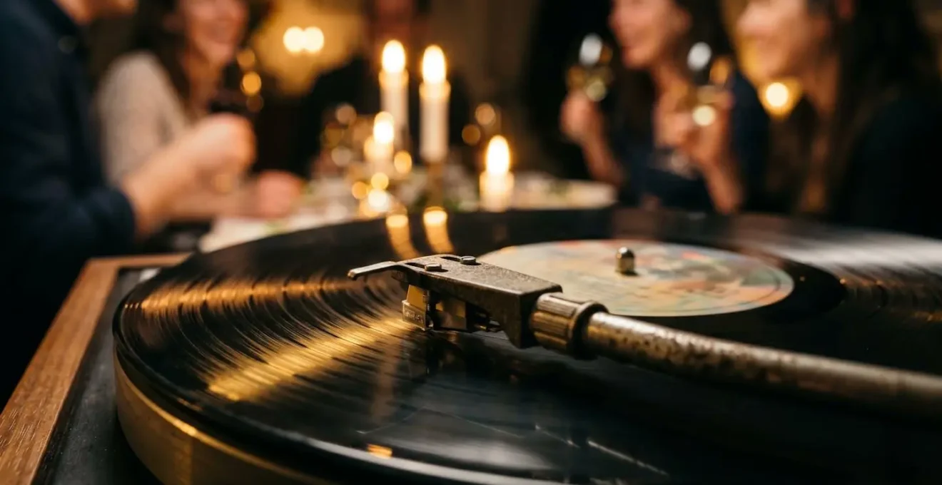 Intimate dinner party scene showing guests enjoying conversation with subtle background music