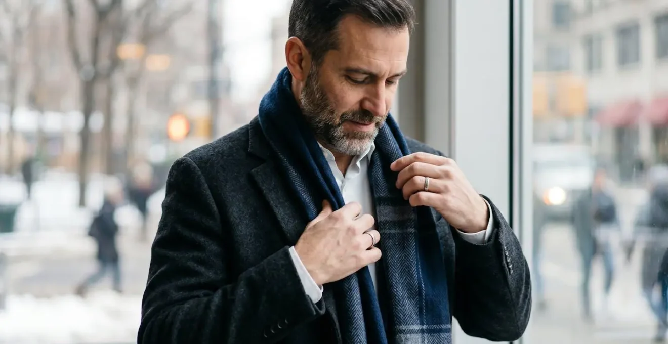 Man demonstrating sophisticated scarf draping with coat