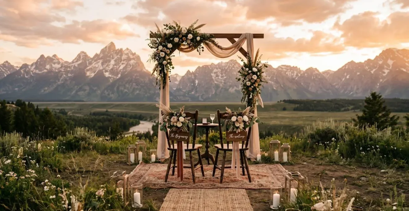 Intimate outdoor ceremony setup with two chairs facing a mountain vista at golden hour