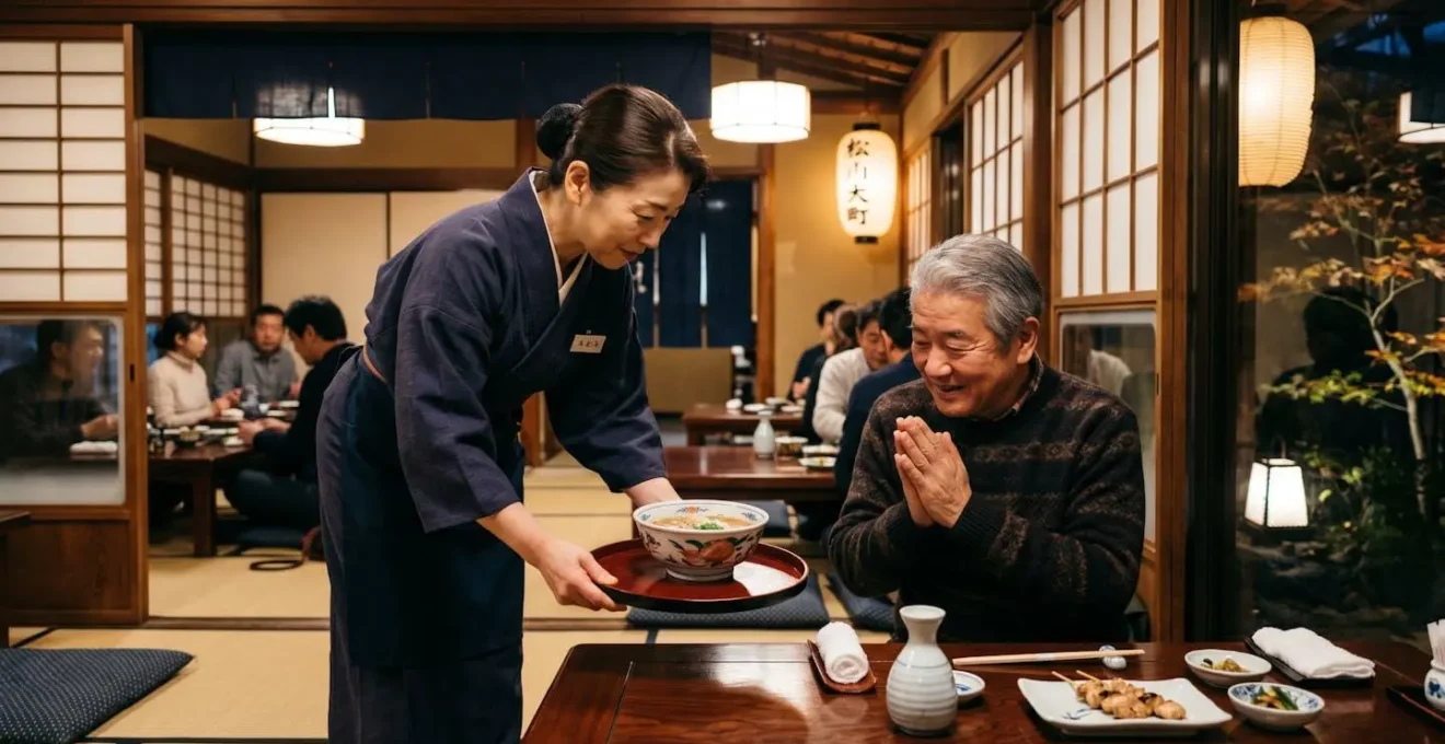 A respectful exchange between diner and server in a traditional Japanese restaurant setting