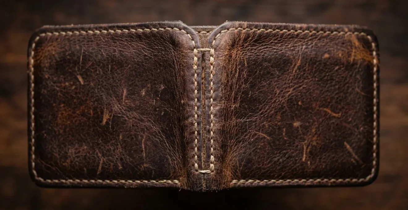 Close-up of premium leather wallet showing natural patina
