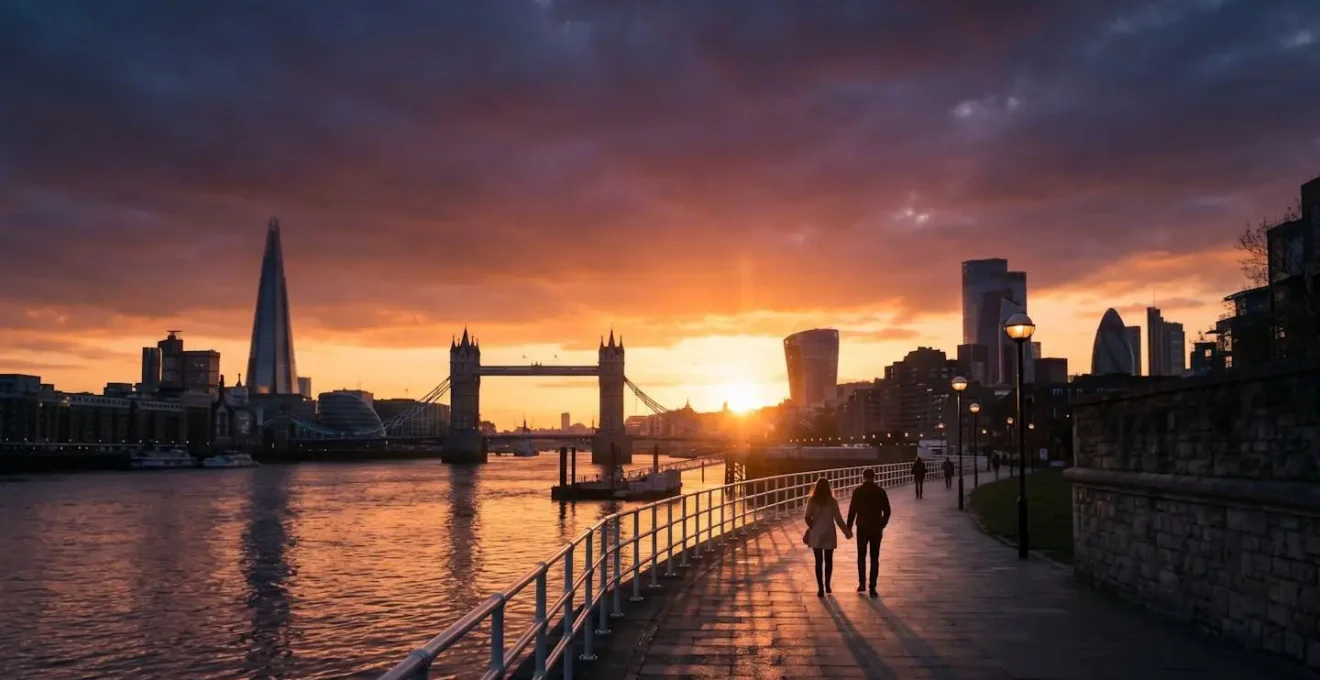 A couple walking hand-in-hand along the Thames embankment at sunset, with the silhouette of the London skyline in the background.