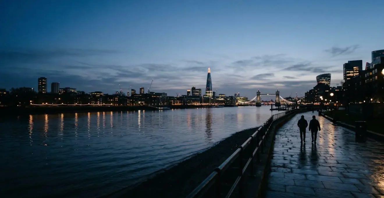 Evening view of London's South Bank with Thames river and illuminated bridges