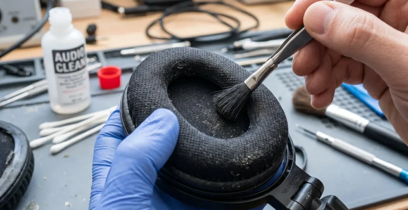 Extreme close-up of professional cleaning headphone earcup with specialized tools.