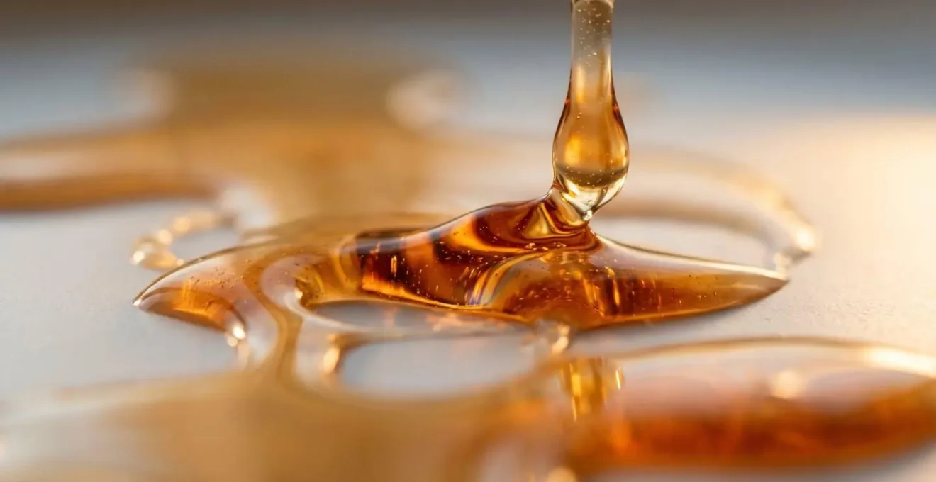 Extreme close-up of amber retinol serum texture with golden light creating abstract patterns