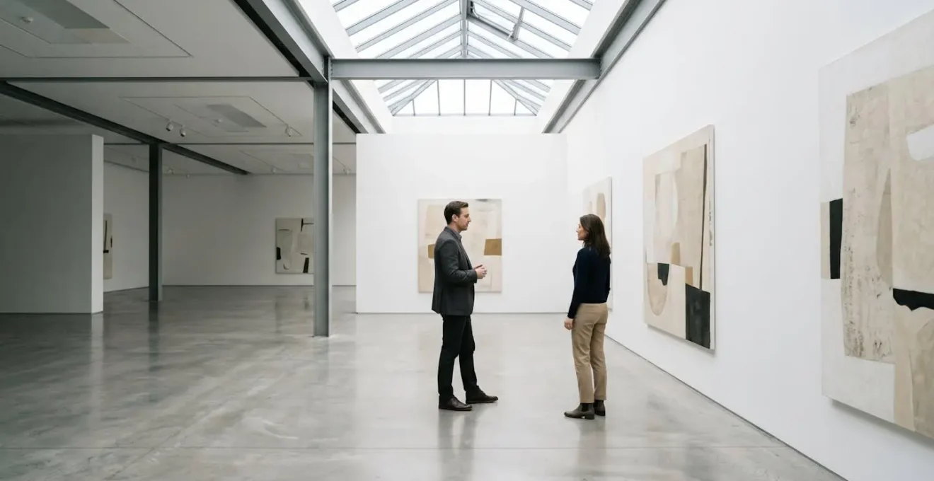 Professional man respectfully approaching woman in art gallery with appropriate social distance