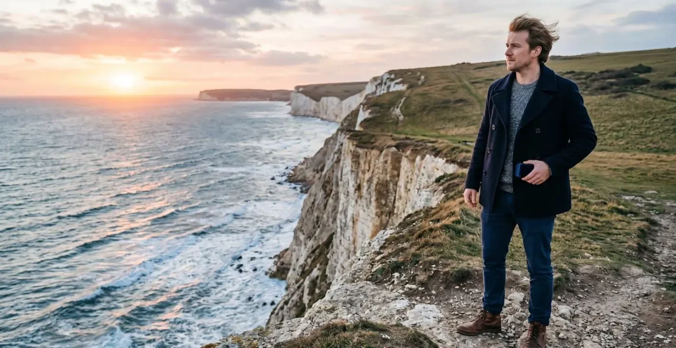 Man thoughtfully holding ring box overlooking scenic UK landscape