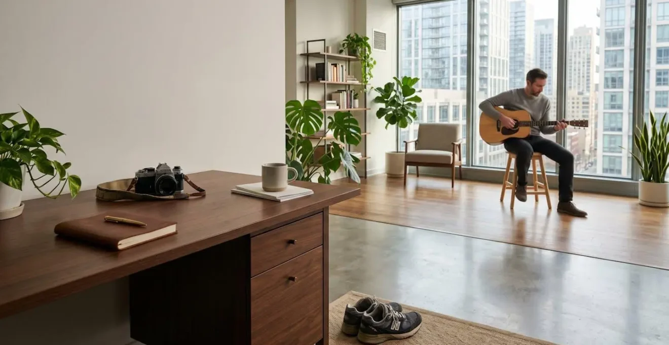 Man enjoying personal space and individual pursuits in modern living space