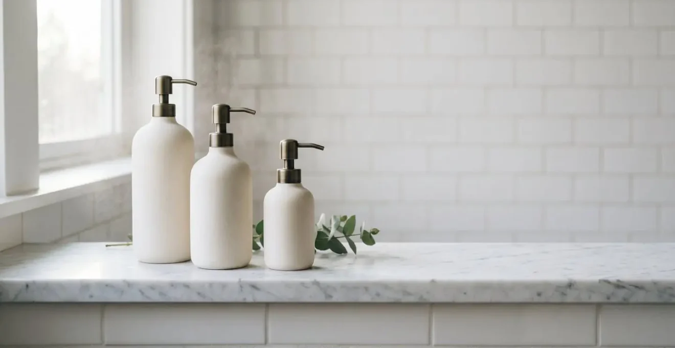 Wide shot of modern bathroom shelf with unlabeled ceramic pump bottles in soft morning light